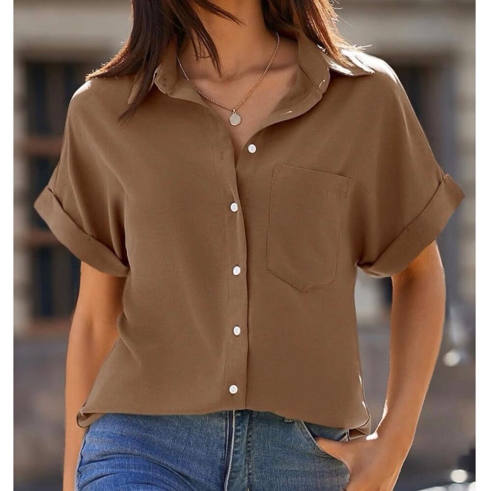 Beautife Tan Short Sleeve Button Front Blouse - Picture 1 of 16